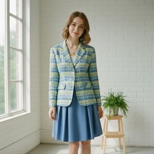 Vintage First Option Plaid Blazer Blue Green Retro Office School M